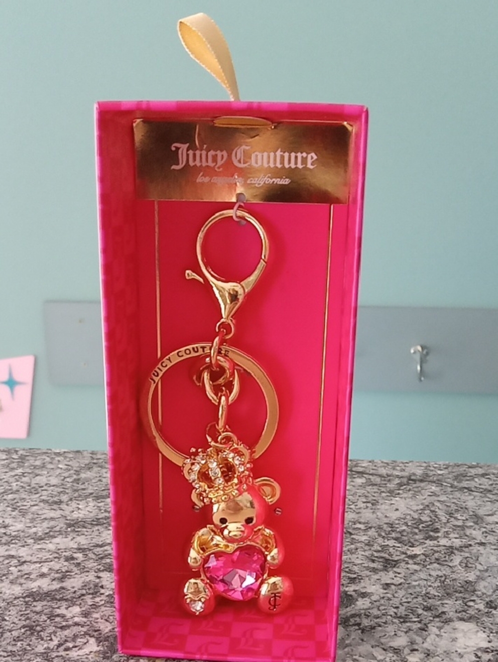 Juicy Couture Gold Teddy Bear Keychain with Pink Heart